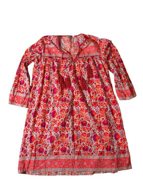 SZ Blockprints Floral Cotton Tassel Tunic Mini Dress Large Boho India